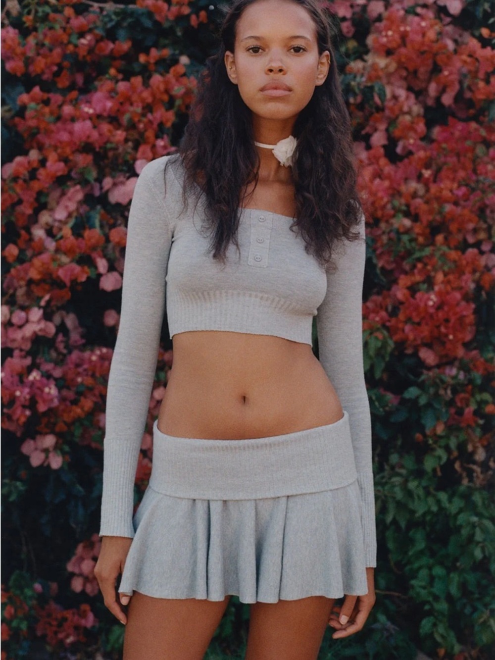 Frankie’s Bikinis Claude Cropped Long-Sleeve Knit Top in Light Gray